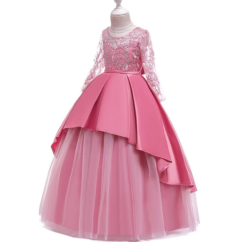 HIHCBF Flower Girl's Embroidery Tulle Lace Maxi Wedding Dress Long Sleeve Princess Birthday Pageant Party Dance Evening Gown Dusty Rose 5-6T - Image 2